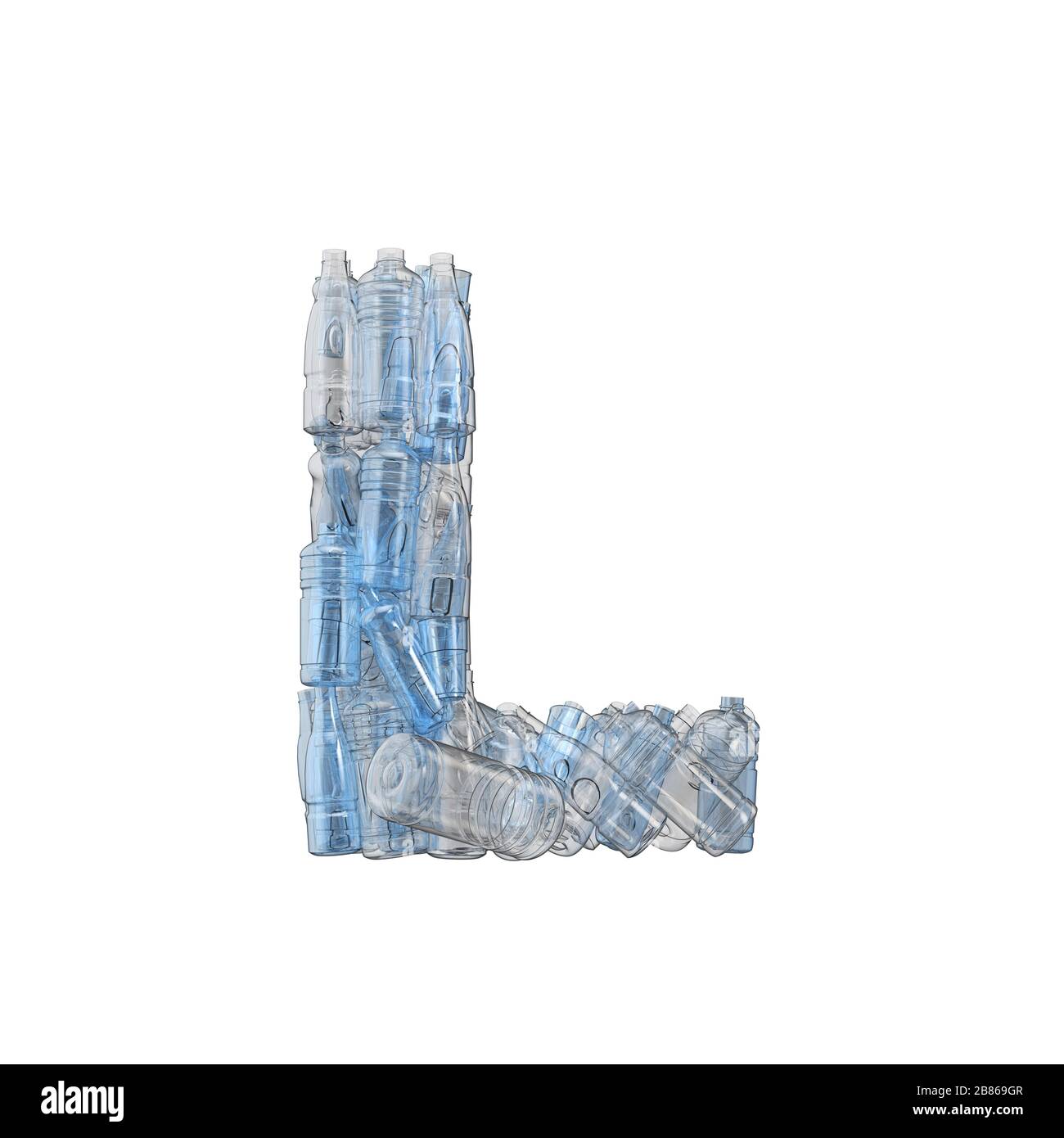 L aus Kunststoffflaschen. Schriftart für Kunststoffrecycling. 3D-Rendering Stockfoto