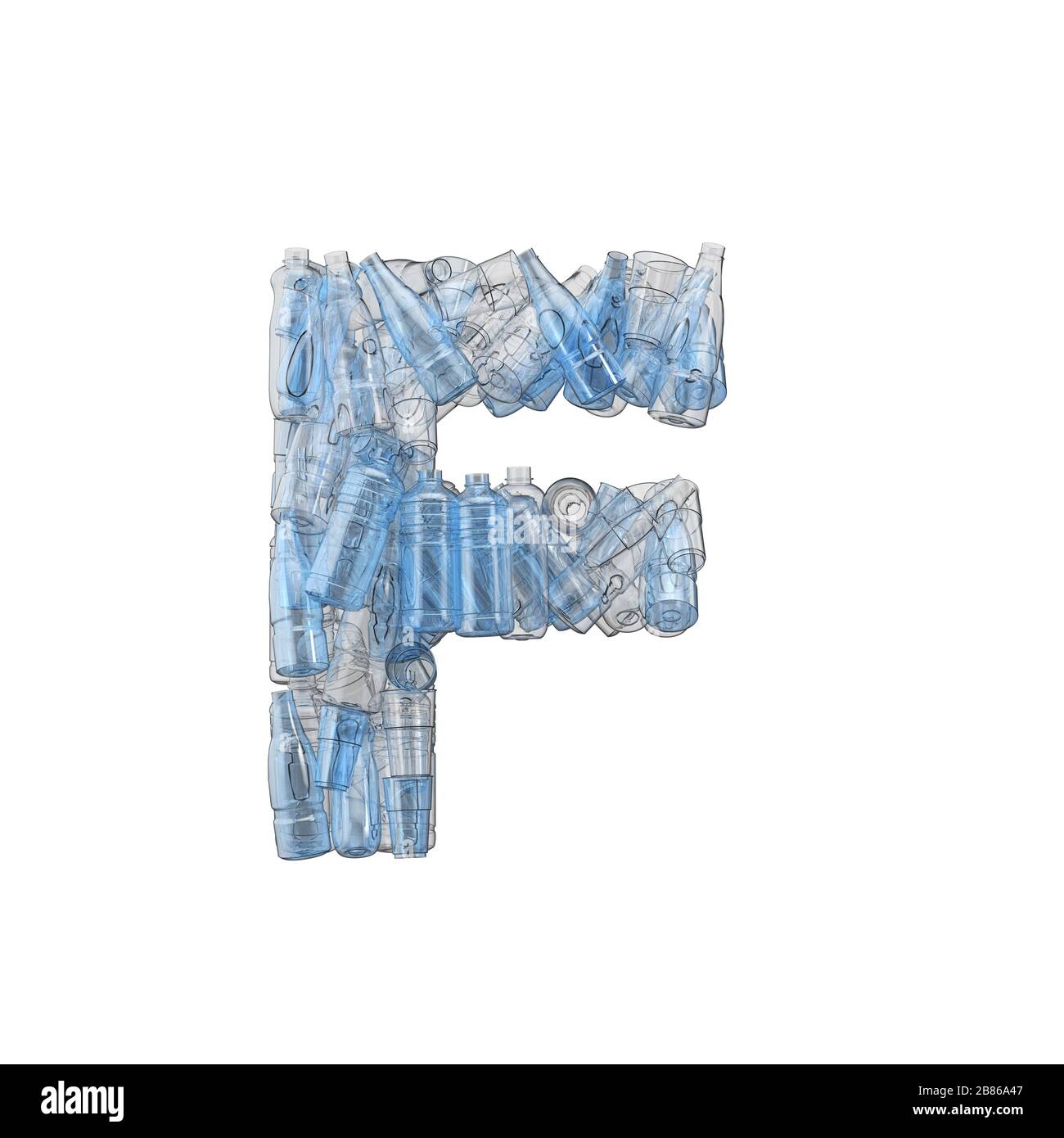 Buchstabe F aus Kunststoffflaschen. Schriftart für Kunststoffrecycling. 3D-Rendering Stockfoto