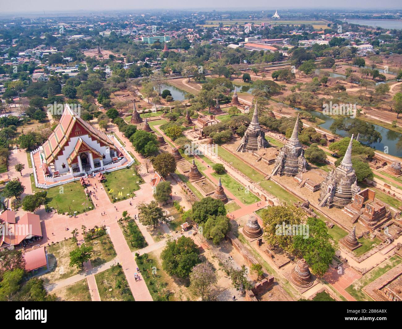 Luftansicht Mit Drone. Wat Phra Si Sanphet Tempel im Ayutthaya Historical Park. UNESCO-Weltkulturerbe, Thailand Stockfoto