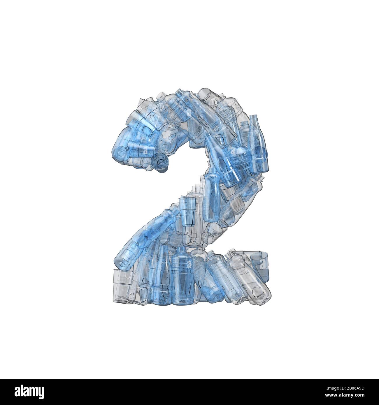Nummer 2 aus Kunststoffflaschen. Schriftart für Kunststoffrecycling. 3D-Rendering Stockfoto