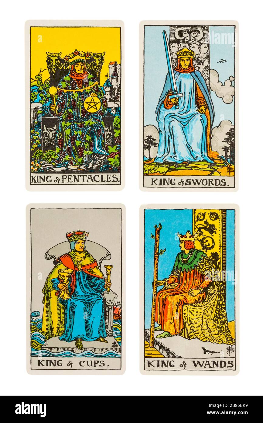 Satz von Kings Rider Tarot Cards, entworfen von Pamela Colman Smith unter der Aufsicht von Arthur Edward Waite - König der Pentakel, Schwerter, Becher und Zauberstäbe Stockfoto