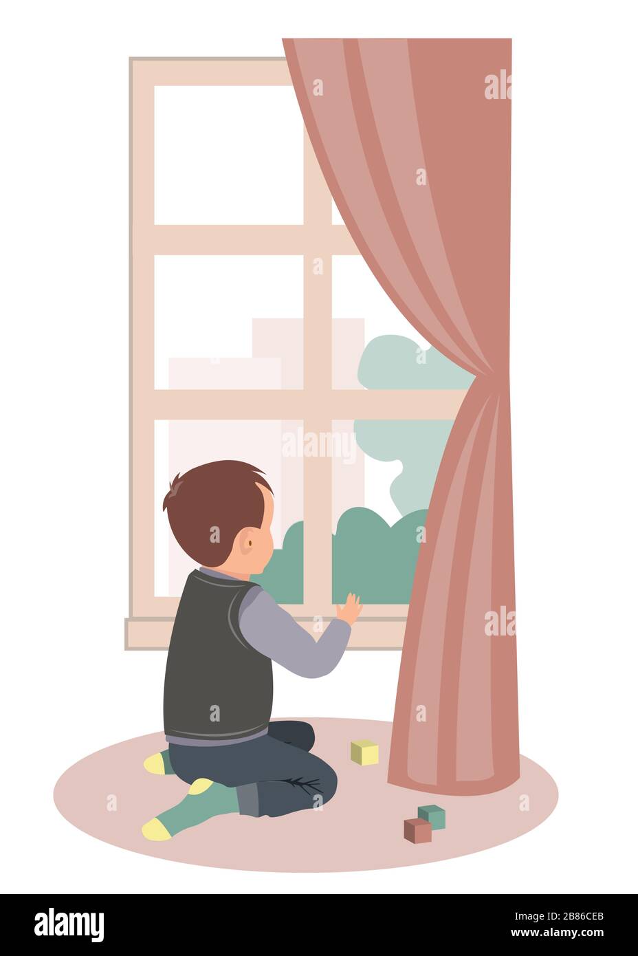 Trauriger kleiner Junge, der am Fenster sitzt. Bleiben Sie zu Hause Kampagne für die Prävention von Coronavirus. Vektorgrafiken Stock Vektor