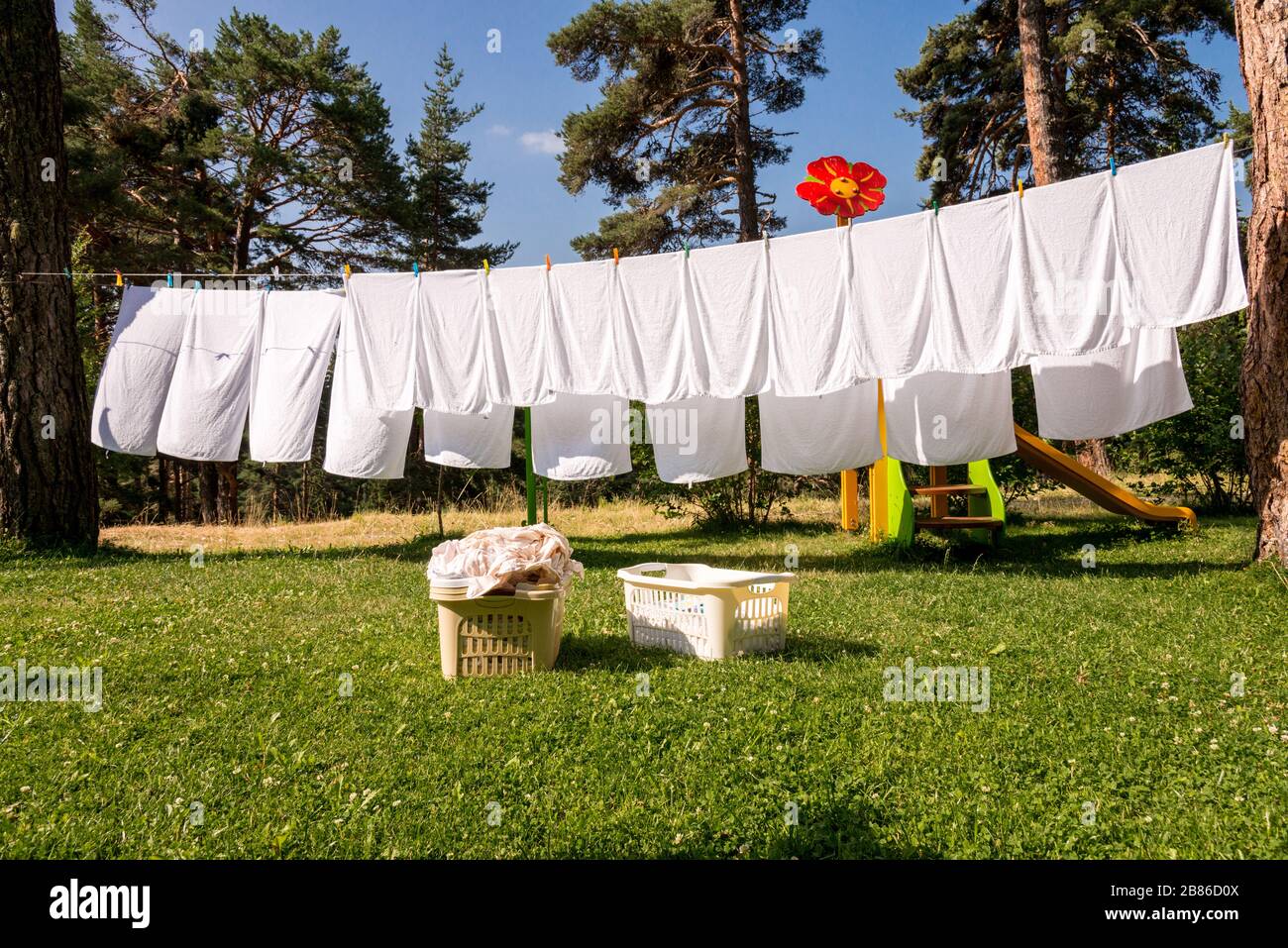 Frische, saubere, weiße Handtücher, die an der Waschleitung im Freien trocknen Stockfoto