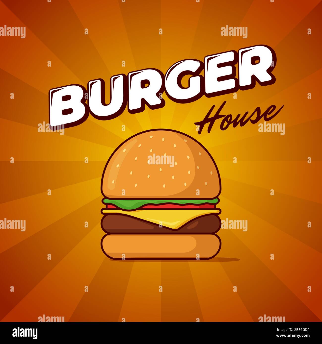 Burger House Fast-Food-Werbeplakat mit Strahlen und Schriftzug Inschrift. Köstliche Hamburger oder Cheeseburger Werbebanner Design Vorlage. Vektorgrafik für das Restaurant-Menü Stock Vektor