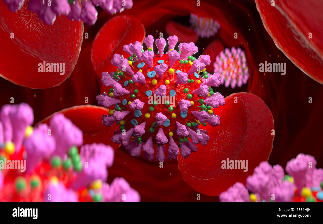 Coronavirus-Bakterien mit Blutzellen in der Vene. COVID 19 Influenza Hintergrund gefährliche Grippebelastung Pandemie medizinisches Gesundheitsrisiko Konzept. 3D-Rendering. Stockfoto