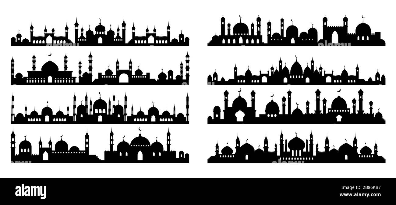 Arabische Architektur Silhouette. Moscheendach, islamisches Stadtbild und Silhouetten der Minarett-Skyline. Vektorgrafiken Stock Vektor
