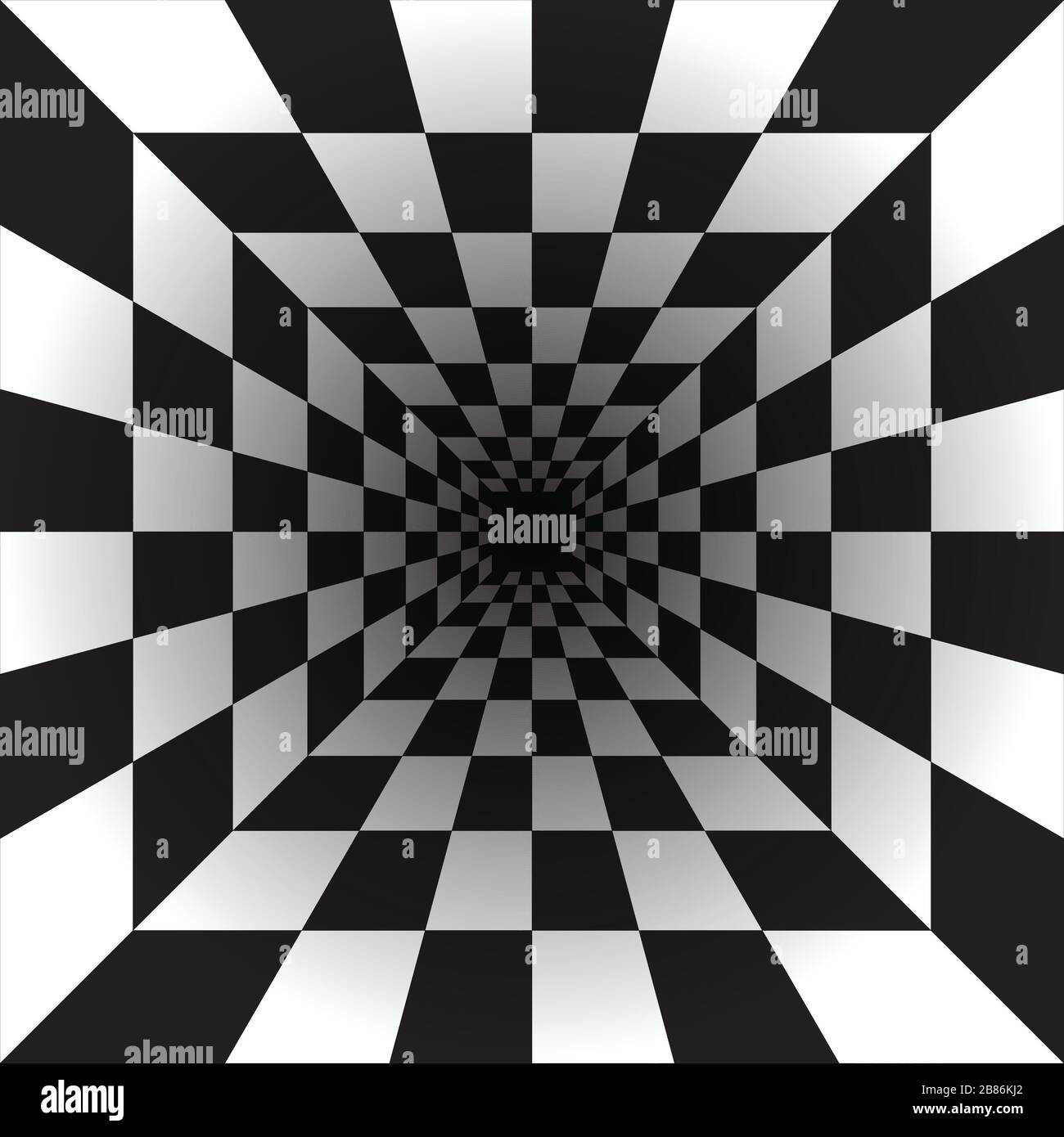Die Perspektive der schwarzen und weißen Quadrate, die Illusion eines Tunnels. Perspektivische Geometrische Kunst Stock Vektor
