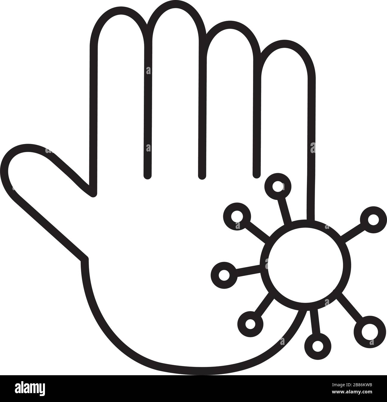 Hand mit Partikel-Kovid 19, Linien-Symbol Stock Vektor