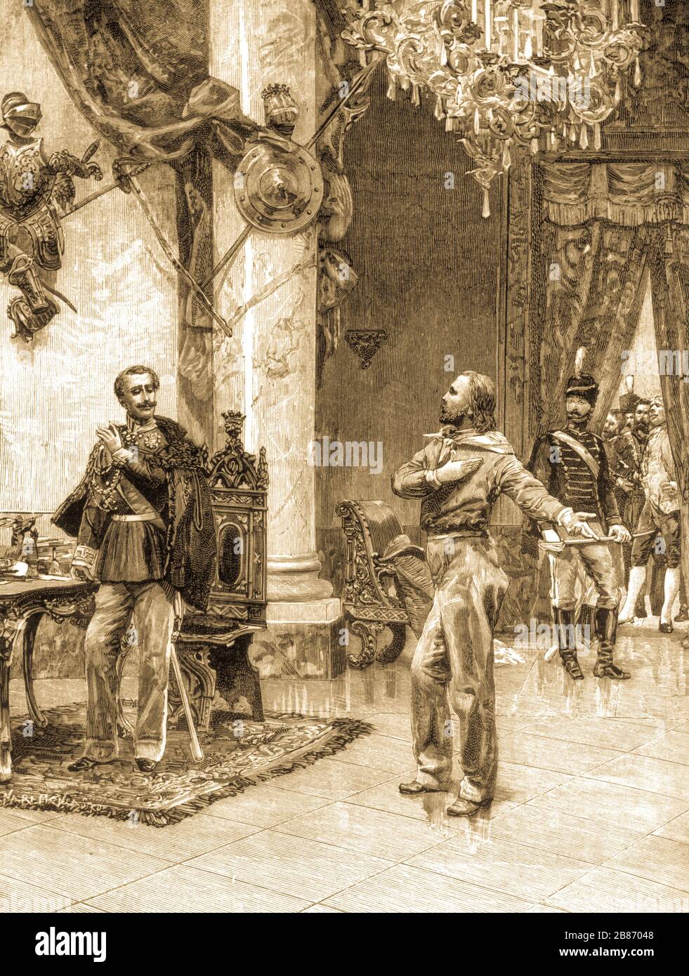 Begegnung zwischen carlo alberto di savoia und giuseppe garibaldi in Roverbella, 1848 Stockfoto