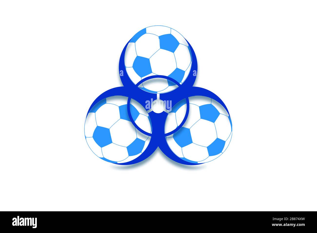 Abbildung mit einem biohazargen Schild und Fußballbällen als Symbol für die Annullierung von Fußballwettbewerben aufgrund von Coronavirus Stockfoto