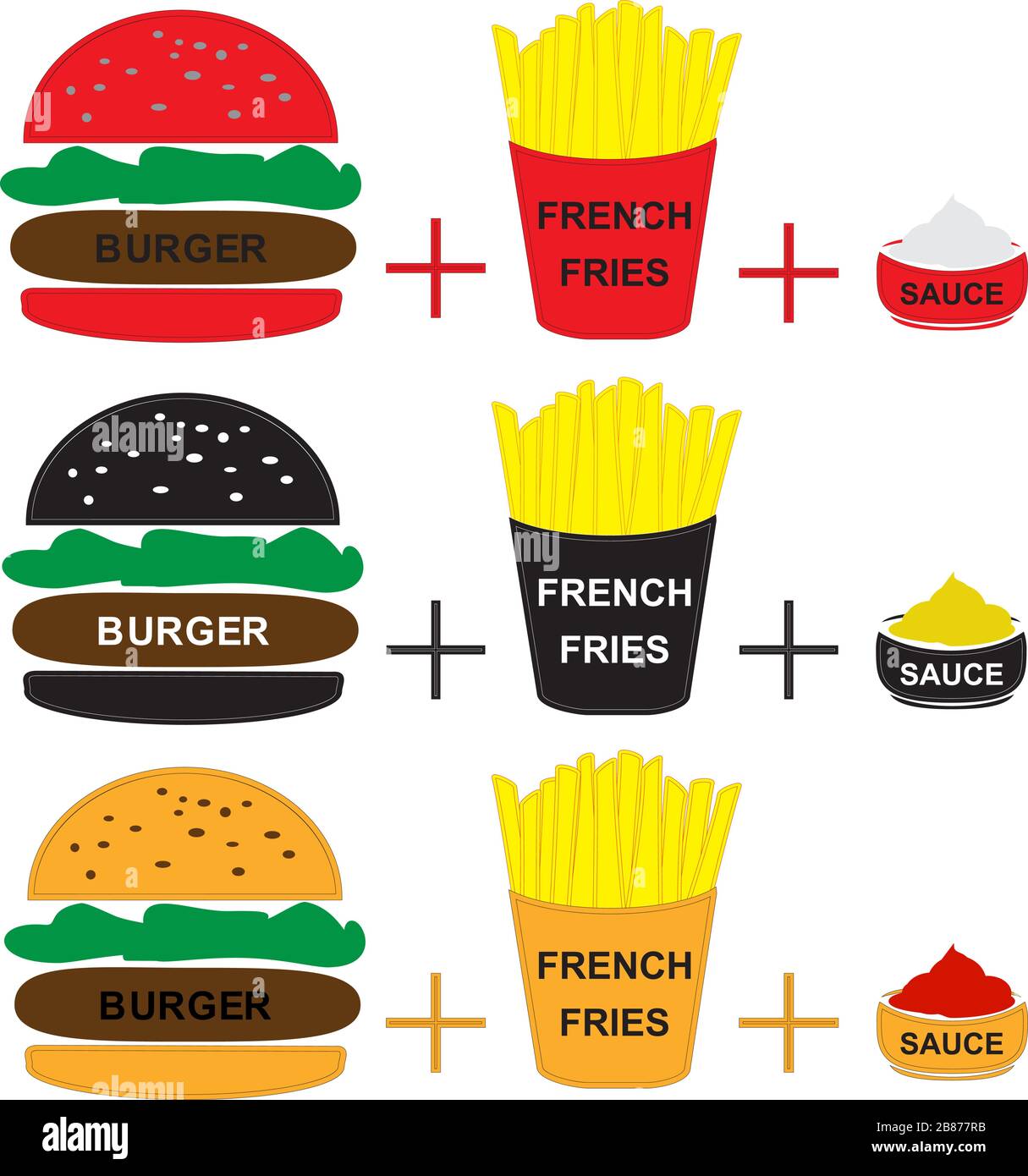 Legen Sie Burger pommes frites und Souce Stock Vektor