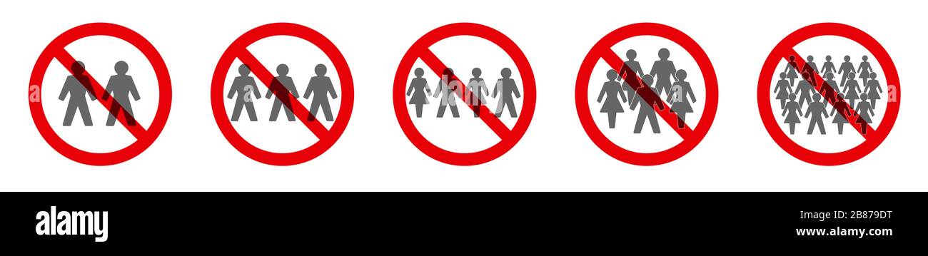 Soziale Distanzierung - Versammlungsverbot - Verbot von Versammlungssymbolen für zwei, drei, vier, fünf oder mehr Personen. Stockfoto