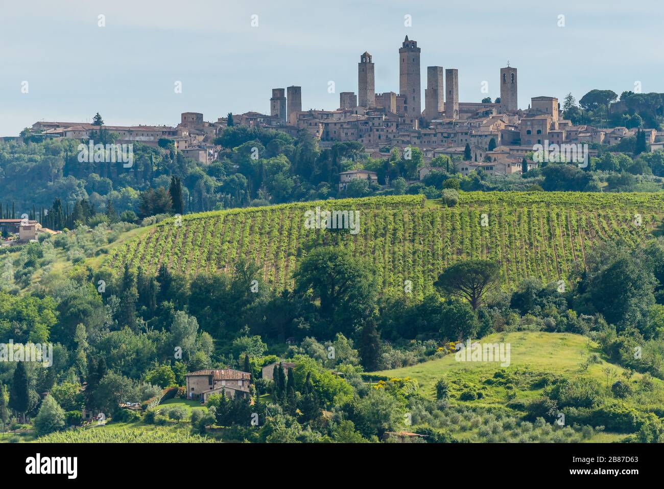 Die Skyline der Bergstadt San Gimignano mit ihren 14 hohen Türmen, bekannt als Medieval Manhattan, inmitten der sanften Hügel der toskanischen Landschaft, Italien Stockfoto