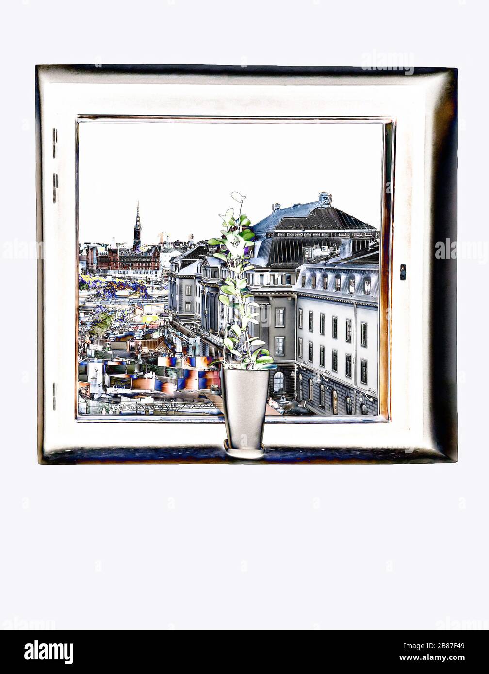 Vase und Fenster. Blick durch das Fenster auf den Bahnhof, Stockholm, Schweden. Malfilter angewendet Stockfoto