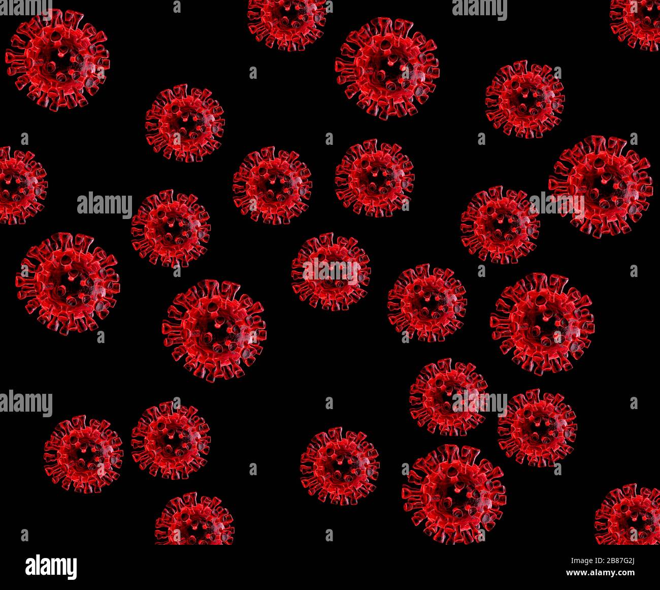 Digital erzeugte Coronavirus-Partikel, die Stacheln zeigen, die wie die Sonnenkorona eine Krone bilden Stockfoto
