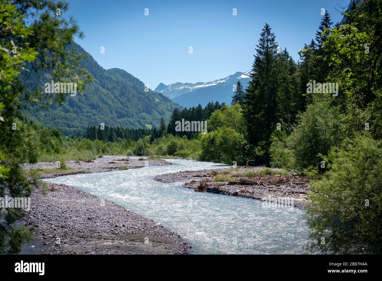 Friedliche Berglandschaft mit einem Fluss im Wald in Vorarlberg, Österreich. Stockfoto