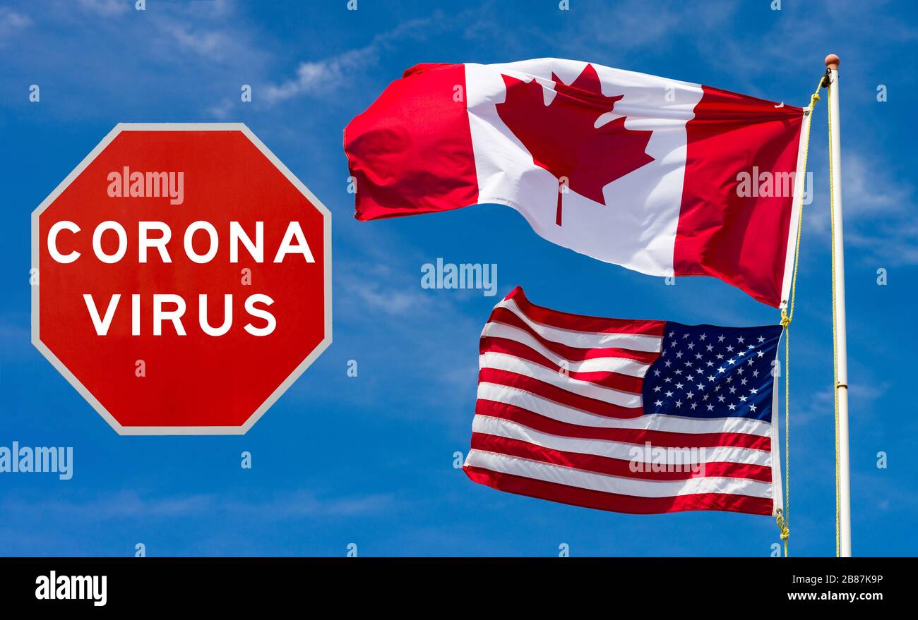 Kanadische und US-Flaggen mit großem roten Corona-Viruswarnzeichen neben ihnen, Reisemestränkungskonzept Stockfoto