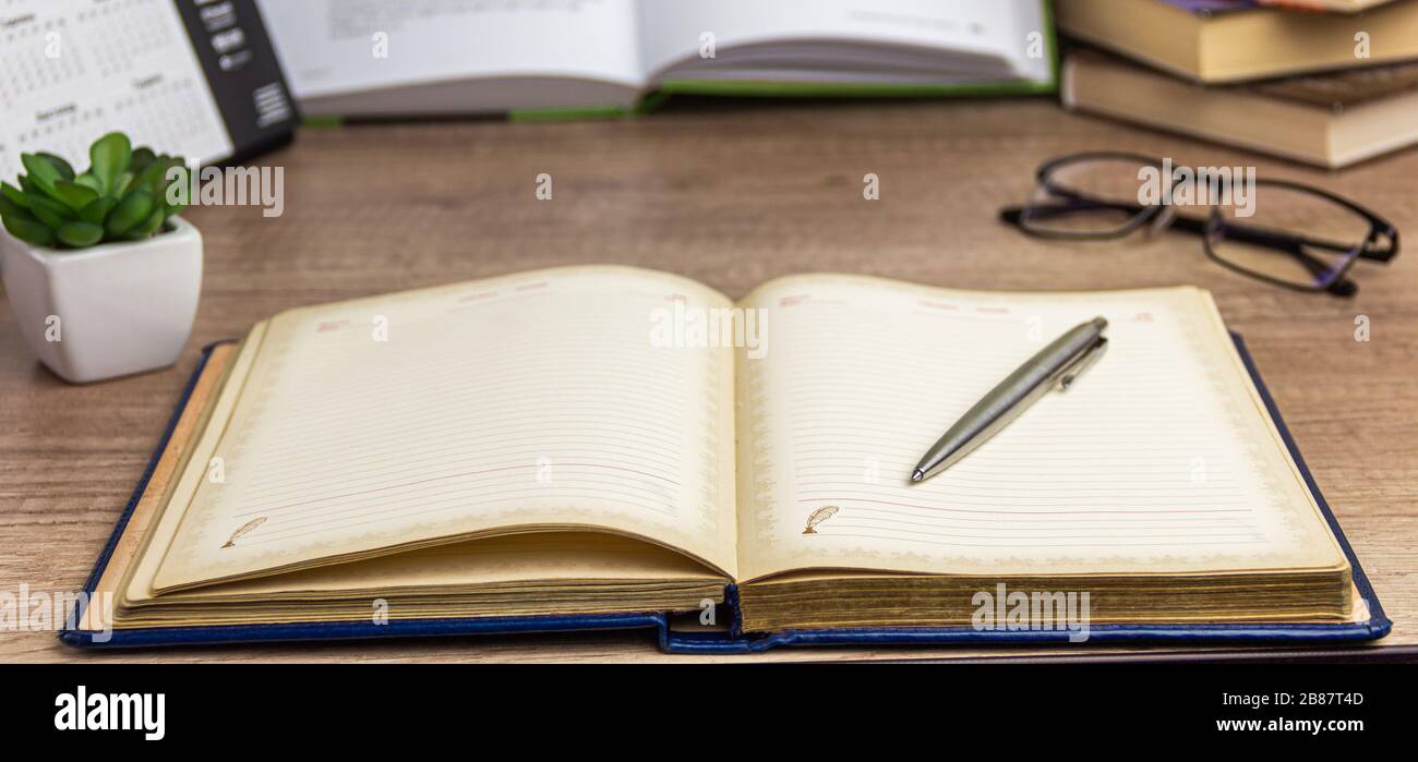 Öffnen Sie das Notebook mit Stift für Ihren Text auf dem Hintergrund. Öffnen Sie das Buch, Sukulent, Glas und Bücher Stuck Workplace zum Schreiben bereit. Stockfoto