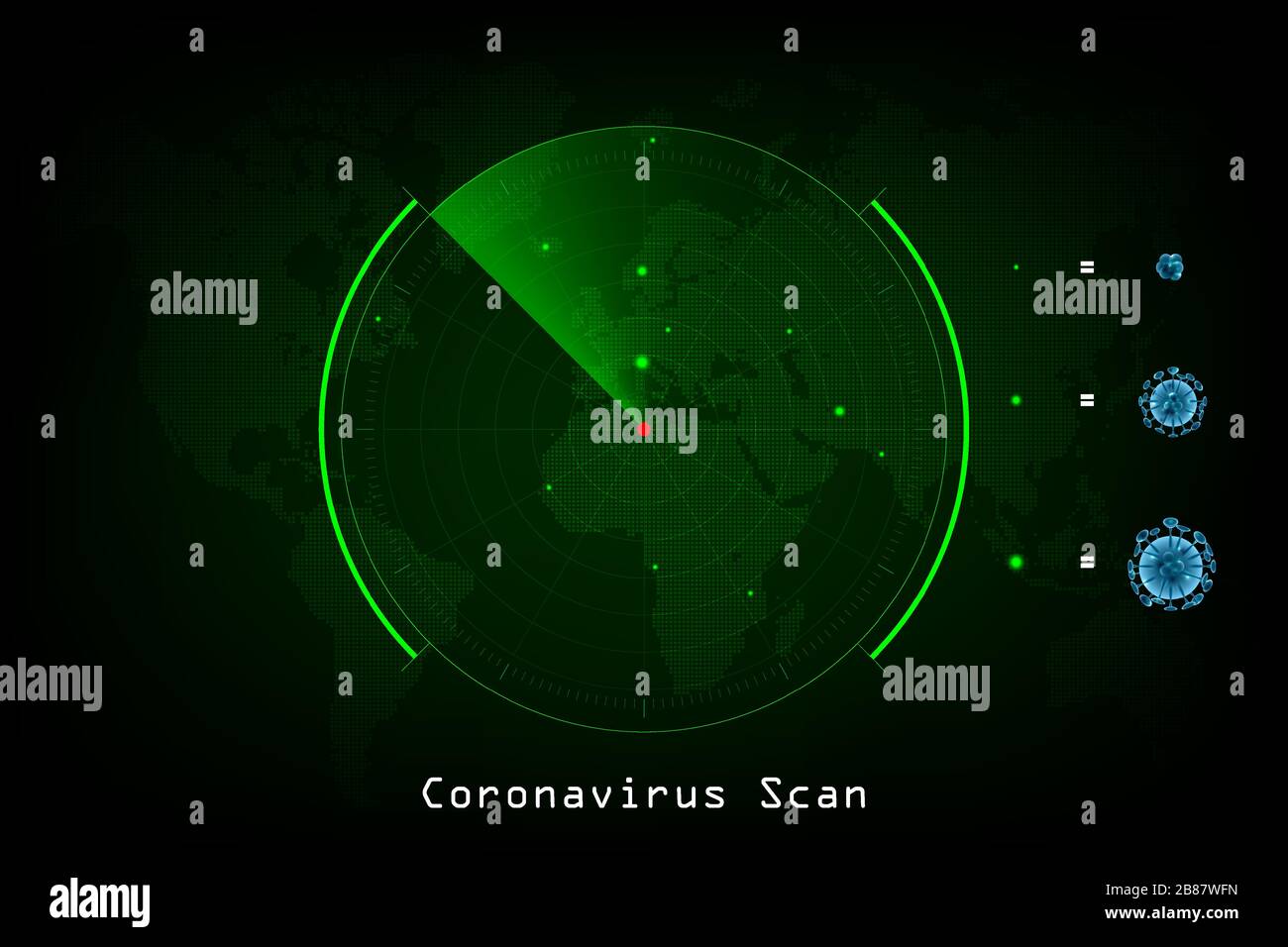 Das Konzept von Coronavirus, Green Radar scannt die Gegend von Europa und Afrika, um Art und oder infizierte Menge von Coronavirus (COVID-19) zu finden. Stock Vektor
