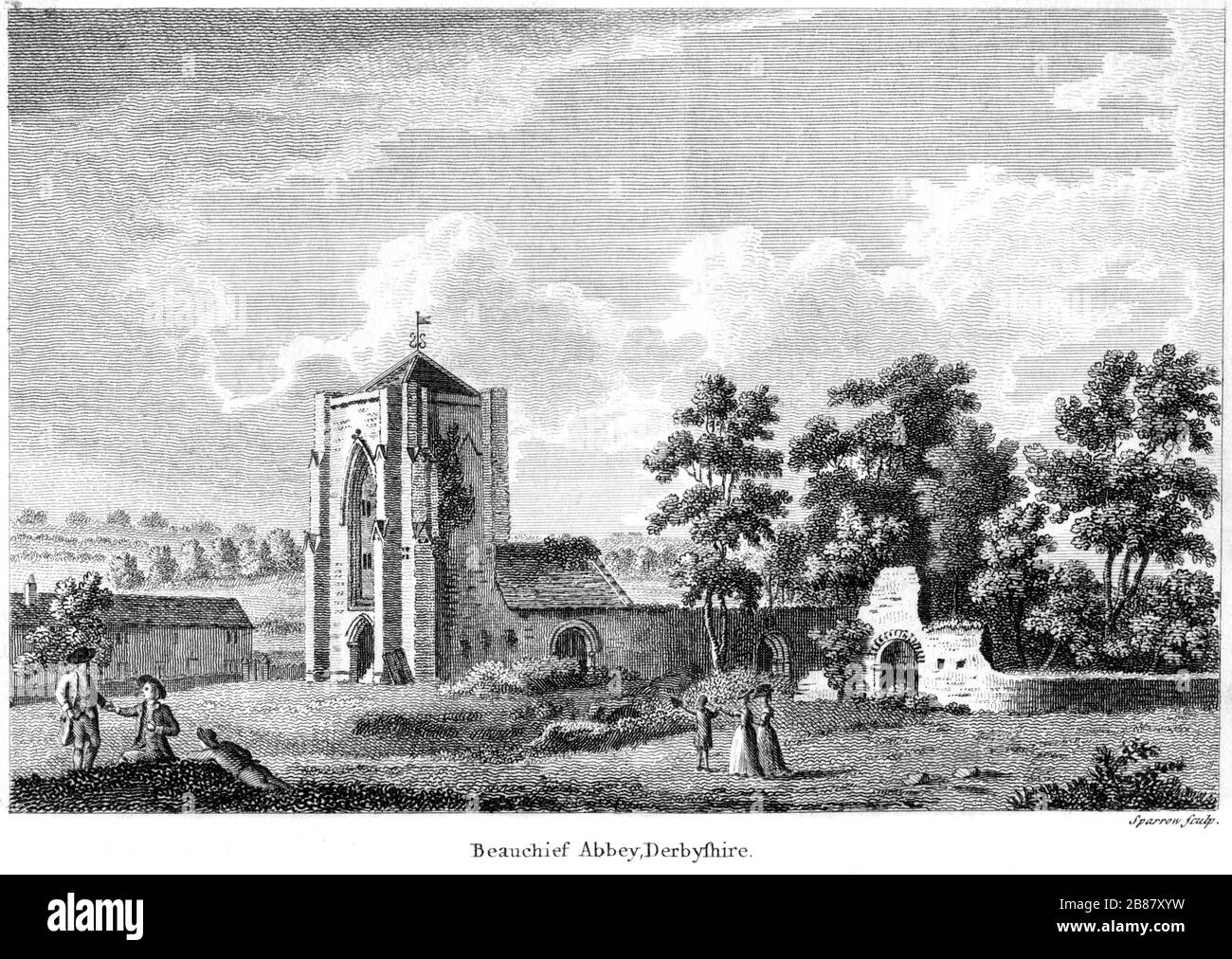 Gravur von Beauchef Abbey, Derbyshire, gescannt in hoher Auflösung aus einem Buch, das um das Jahr 1786 veröffentlicht wurde. Ich glaube, dass das Urheberrecht frei ist. Stockfoto
