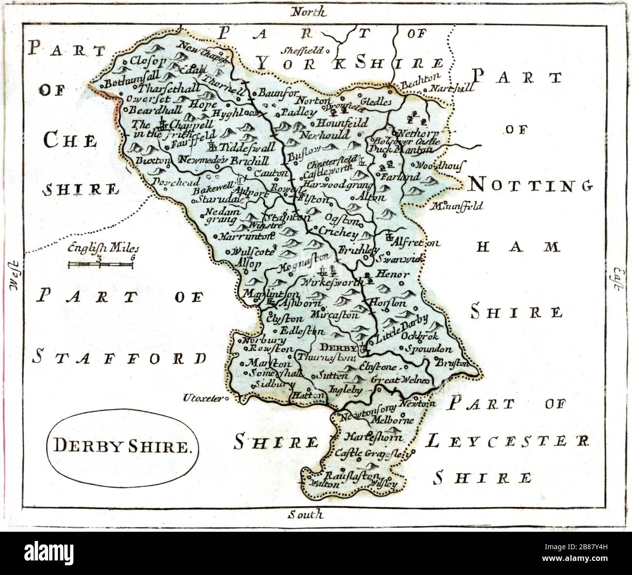 Eine Karte von Derbyshire UK wurde in hoher Auflösung von einem um 1786 veröffentlichten Buch gescannt. Es wird angenommen, dass dieses Bild frei von allen Copyright-Einschränkungen ist. Stockfoto
