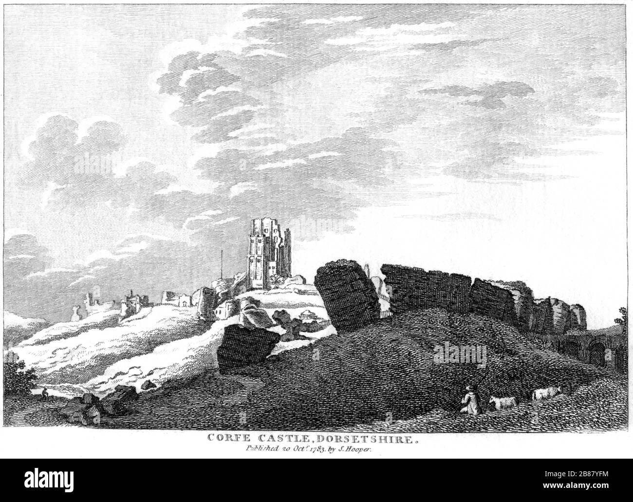 Eine Gravur von Corfe Castle, Dorsetshire 1783, gescannt in hoher Auflösung aus einem Buch, das um das Jahr 1786 veröffentlicht wurde. Ich glaube, dass das Urheberrecht frei ist. Stockfoto