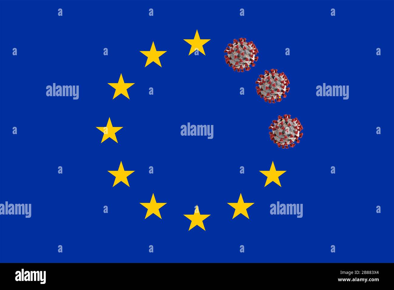 Fotomontage, EU-Flagge mit Sternen und Corona-Viren, COVID-19, Symbolfoto-Verbreitung der Corona-Epidemie, Deutschland Stockfoto