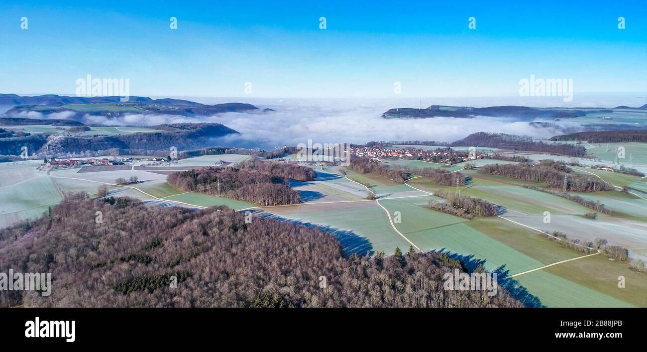 Luftbild idyllischer ländlicher Dörfer Hofstett am Staig und Weiler, Schwäbische Alb, Deutschland Stockfoto