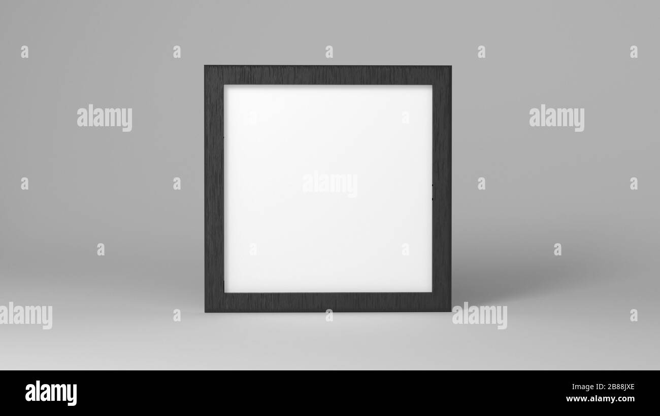 Weißer Bilderrahmen in quadratischer Form mit dunkelgrauem Hintergrund. Vorlage für Markenpräsentation - Druck-Cover. Minimalismus und Innenthema. 3D-Illustration Stockfoto