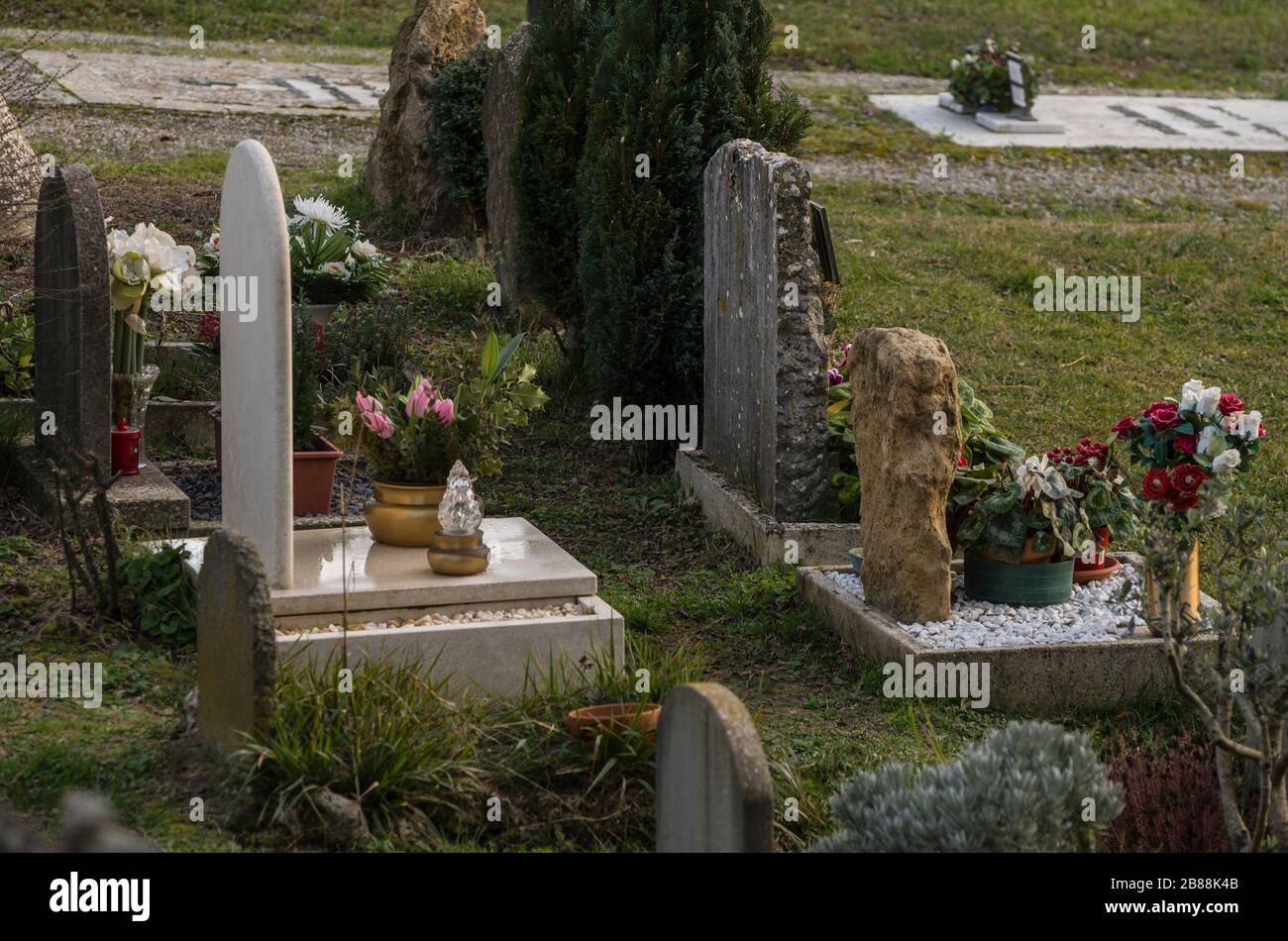 Kopfsteine auf einem öffentlichen Friedhof Stockfoto