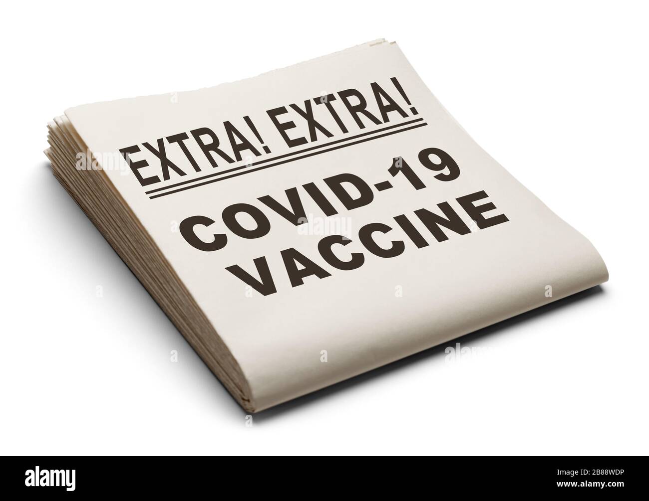 COVID 19 Impfstoffzeitung isoliert auf weißem Hintergrund. Stockfoto