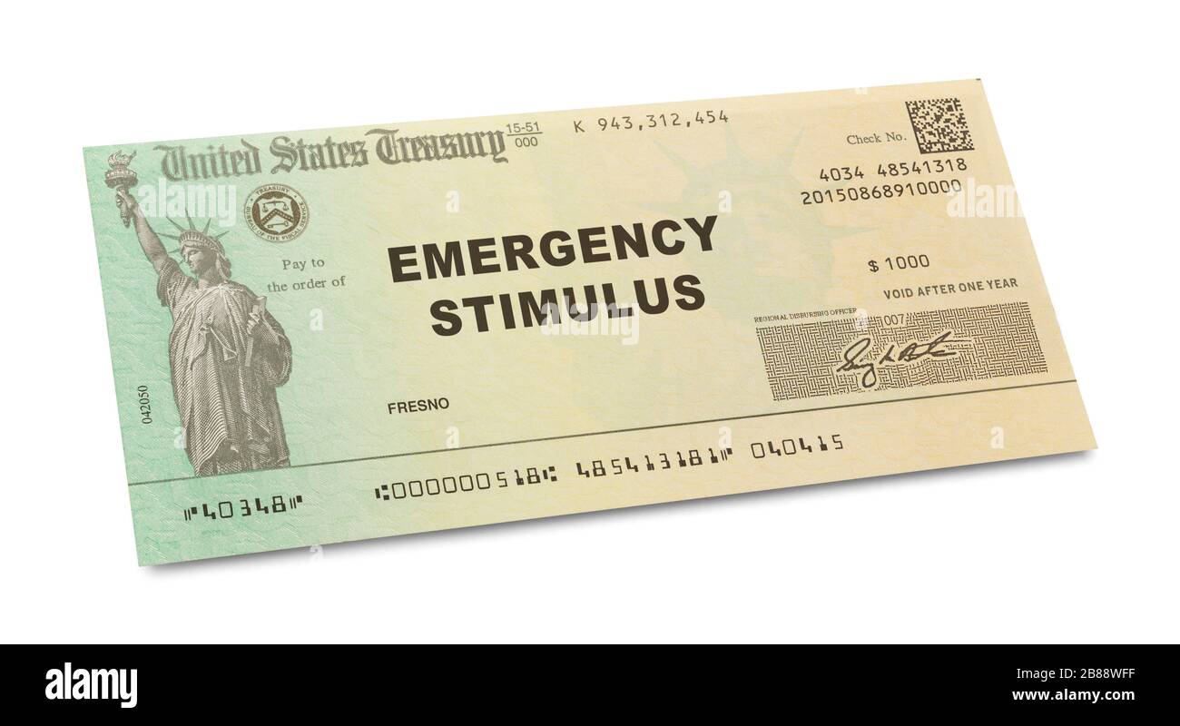 Notfall-Stimulus-Check isoliert auf weißem Hintergrund. Stockfoto