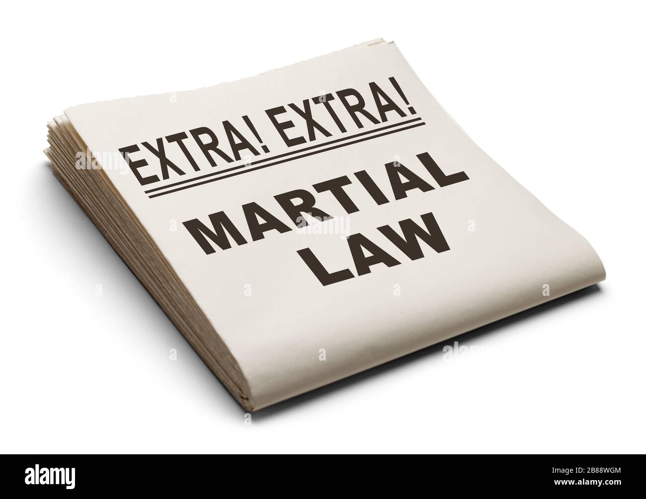 Zeitung "Martial Law Headline" isoliert auf weißem Hintergrund. Stockfoto