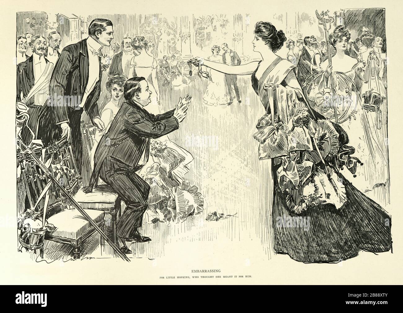 Beautiufl Frau und Freier bei einem Abendball. Eine Witwe und ihre Freunde, Charles Dana Gibson. Peinlich für den kleinen Hopkins, der dachte, dass sehen es für ihn bedeutete Stockfoto