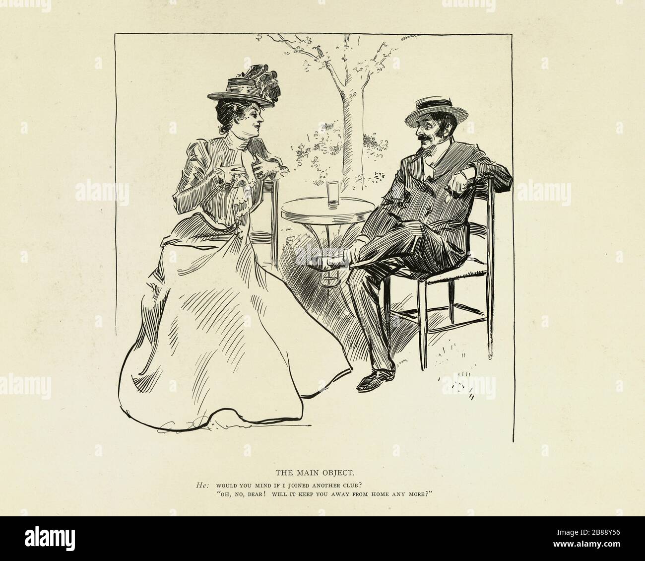 Edwardian-Ehepaar, satirische Cartoon-Skizze, Beziehungsschwierigkeiten. Eine Witwe und ihre Freunde, Charles Dana Gibson. Das Hauptobjekt. Er: Würden Sie sich kümmern, wenn ich amother Verein beigetreten bin? Oh nein, sehr geehrte Damen und Herren! Wird es Sie mehr von zu Hause fernhalten? Stockfoto
