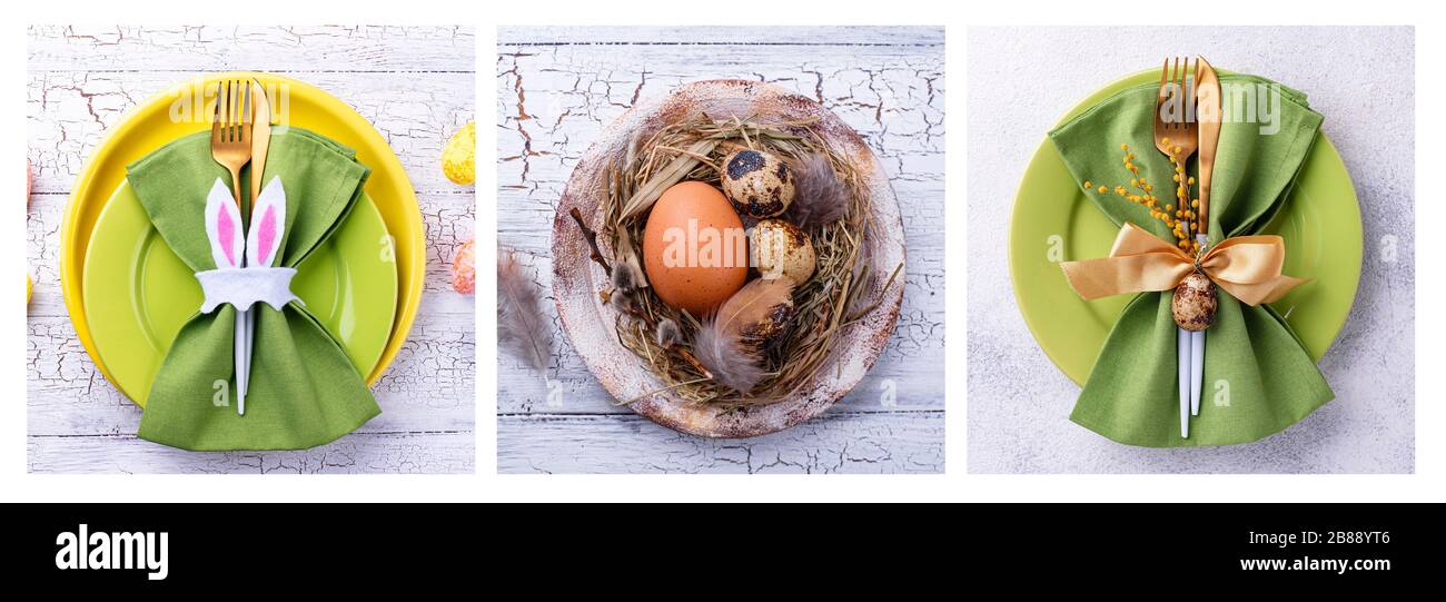 Collage mit Easter Table Einstellung in grüner Farbe Stockfoto