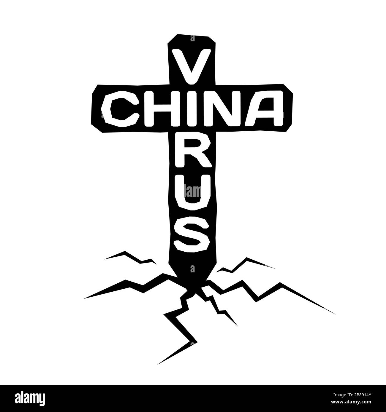 Schwarzes Kreuz mit den Worten China und das Virus steckt in gerissener Erde. Vektor Stock Vektor
