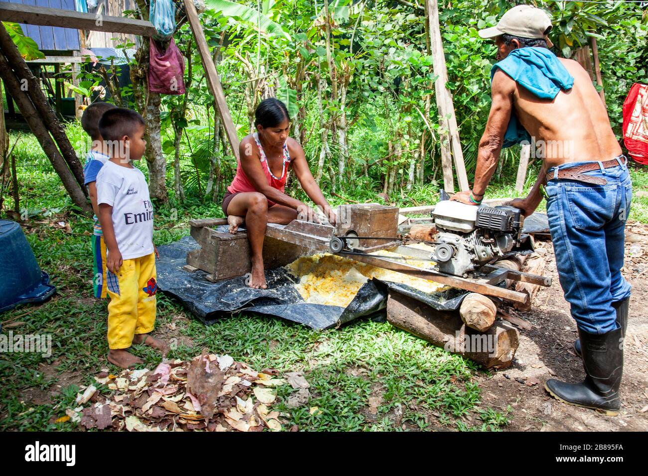 Ticuna-Stammfamilie, die eine Yuca-Gittermaschine in der Indianerreservat von Mocagua, Amazon, Kolumbien, Südamerika verwendet. Stockfoto