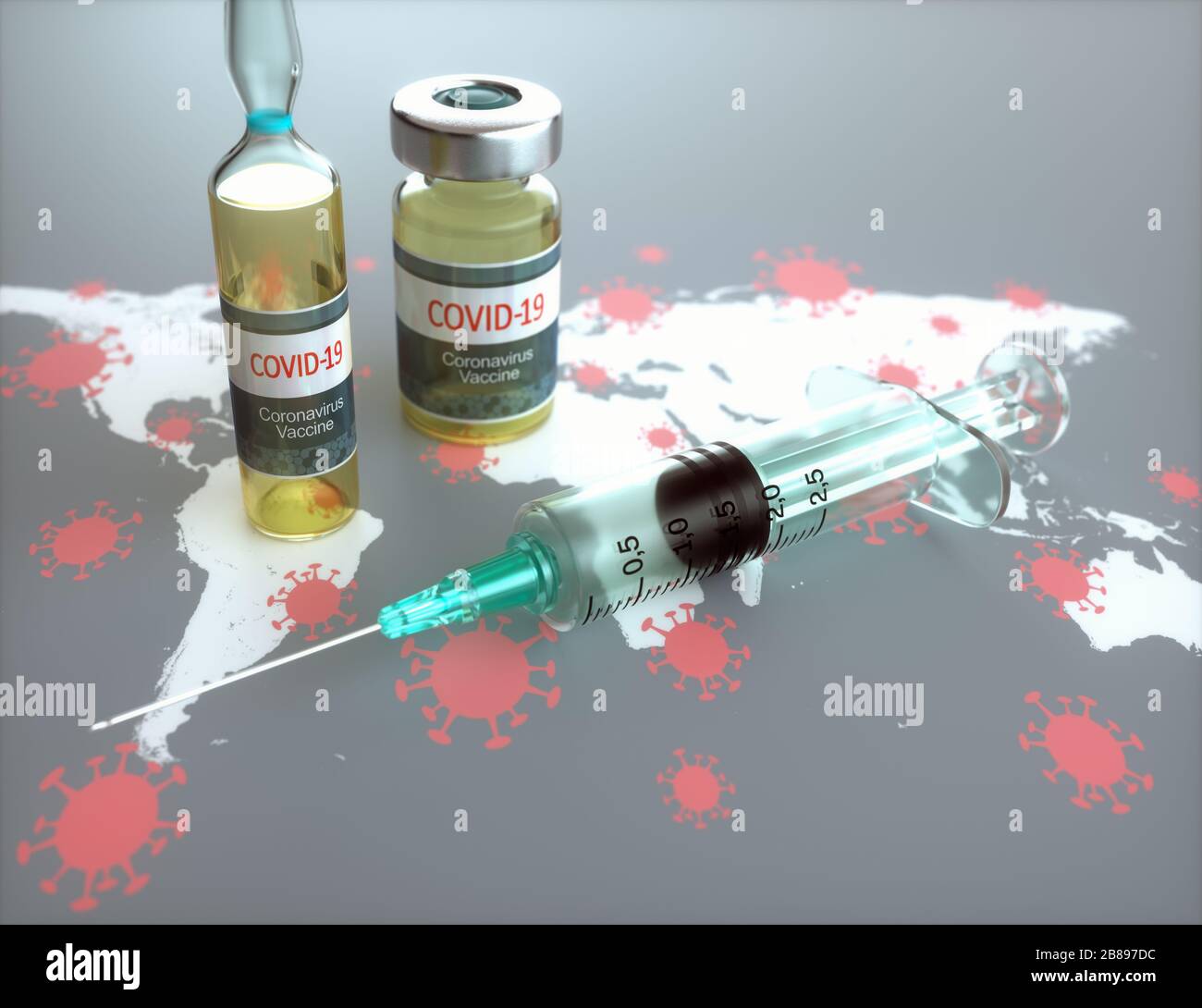 Konzeptionelles Bild für die Entdeckung eines Impfstoffs für die Covid-19, Coronavirus, 2019-nCoV, SARS-COV-2. 3D-Abbildung. Stockfoto