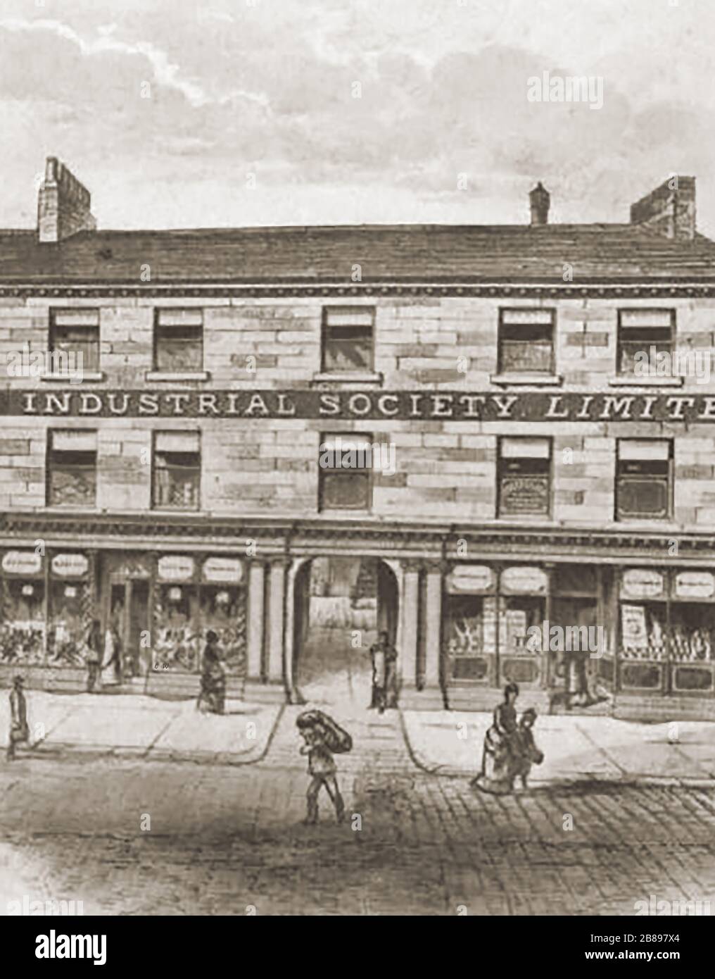 Huddersfield Industrial Society - ein frühes Foto des ehemaligen ersten zentralen Hauptquartiers Stockfoto