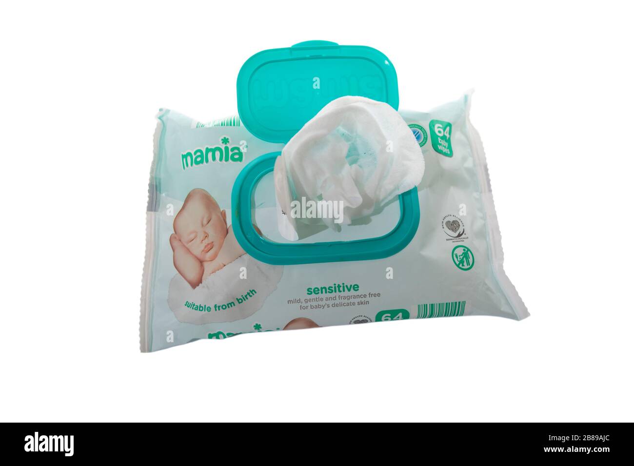 Mamia Baby Feuchttücher auf isoliertem weißem Hintergrund Stockfoto