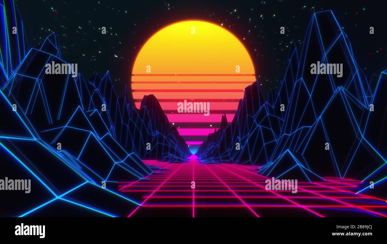 80er Jahre Retro futuristischer Sci-Fi-Hintergrund. VJ Videobame-Landschaft mit Neonlicht Stockfoto