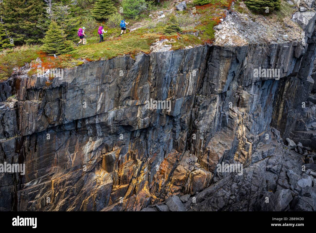 Drei Backpackers Gehen Entlang Cliff Edge Auf East Coast Trail Stockfoto