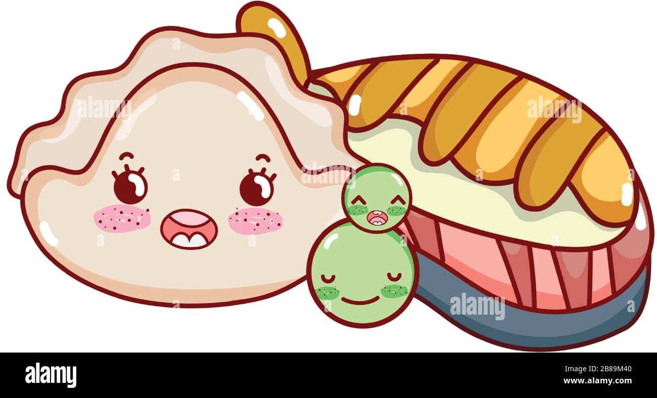 Kawaii Fisch-Sushi-Erbsen und Plätzchennahrung japanische Cartoon-Vektor-Illustration Sushi und Rollen Stock Vektor