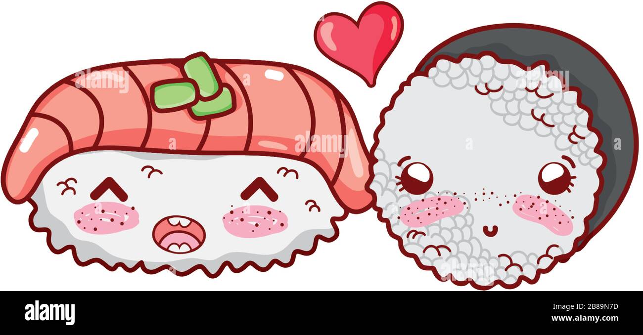 Kawaii Sushi Fisch und Rollreis lieben Lebensmittel japanische Cartoon-Vektor-Illustration Sushi und Rollen Stock Vektor