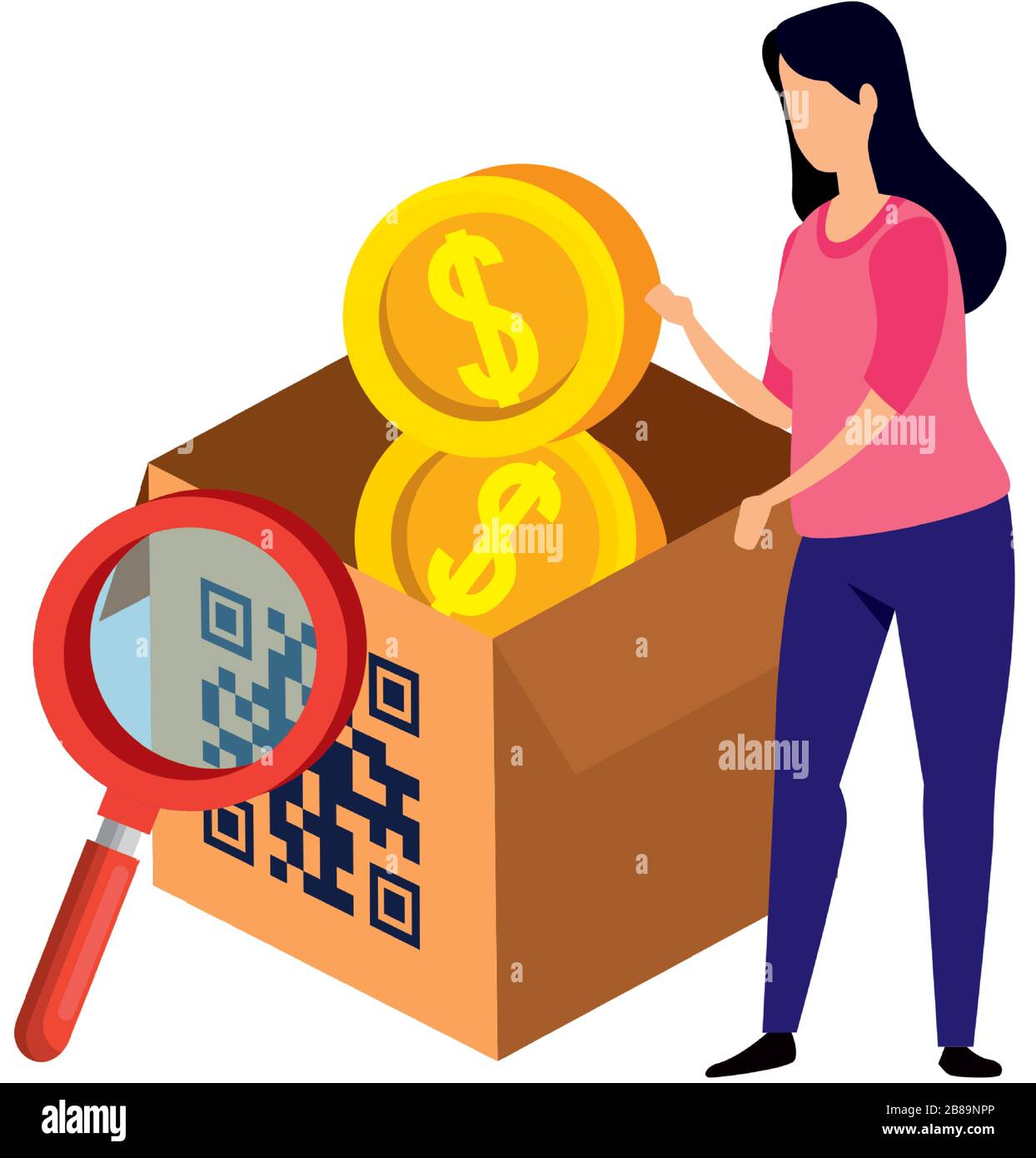 Frau und Code qr in Box und Icons Stock Vektor