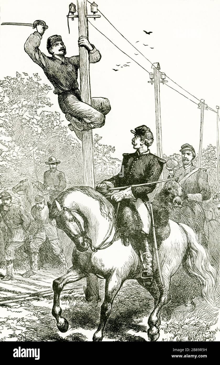 Diese Abbildung stammt aus den 1890er Jahren und zeigt James Ewell Brown Stuarts kavallerisch schneidende Telegraphendrähte. Srtuart, bekannt als "Jen", war ein Offizier der US-Armee und später ein Major General und Kavalleristen für die konfokierten Staaten von Amerika während des Bürgerkrieges (1861-65). Hier schneiden seine Truppen Telegraphendrähte Stockfoto