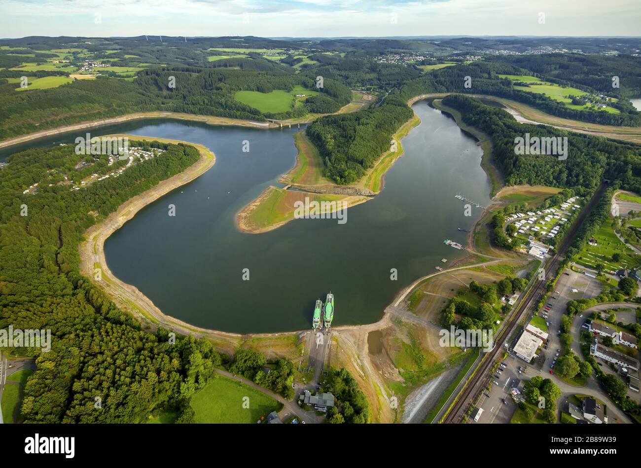 , Camping Ground Biggesee, Hafen und Lido sondern, Reservoir Biggesee, 05.08.2015, Luftbild, Deutschland, Nordrhein-Westfalen, Sauerland, Olpe Stockfoto