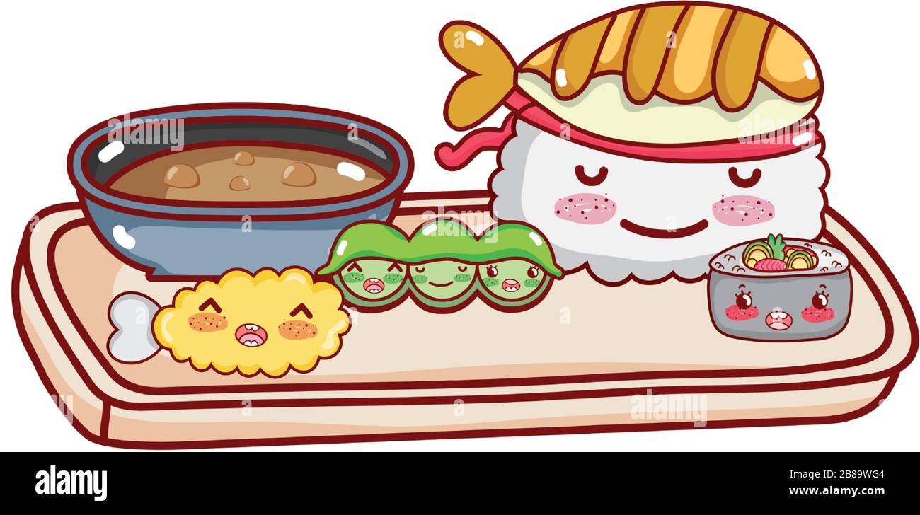 Kawaii Sushi peas tempura japanische Cartoon-Vektor-Illustration Sushi und Rollen Stock Vektor