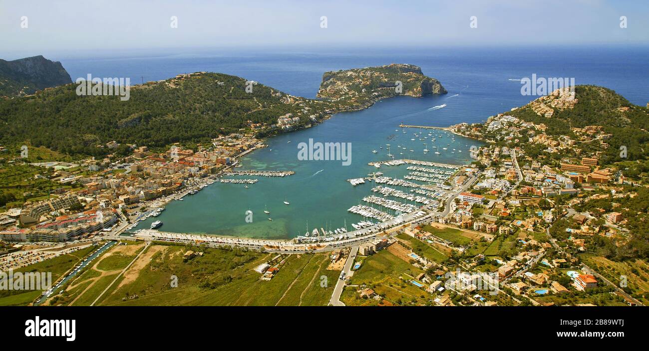 , Port d'Andratx mit Marina und Halbinsel Sa Mola auf Mallorca, 21.04.2003, Luftbild, Balearen, Mallorca, Port d Andratx Stockfoto